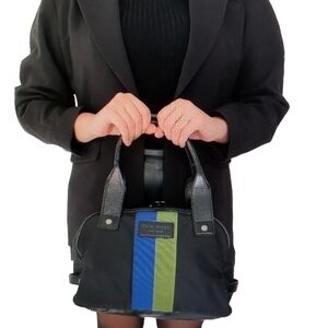 Kate Spade Black Nylon Top Handle Bag with Matching Wallet Green Blue Stripe